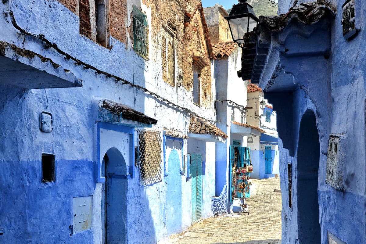 Blue-washed alley in Chefchaouen, a city in Morocco's Rif Mountains where Darqawi influence remains strong