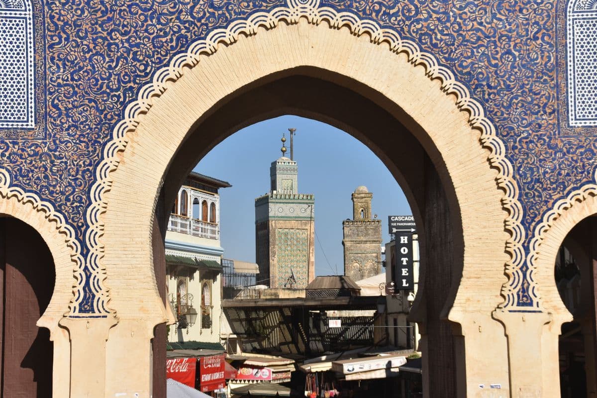 The ornate Bab Boujloud gate at the entrance to Fez medina, Morocco's spiritual capital