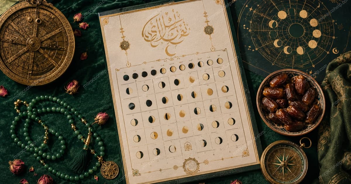 Calendrier hégirien 1447-1448 / 2026 avec astrolabe, phases de la lune et perles de prière, esthétique marocaine