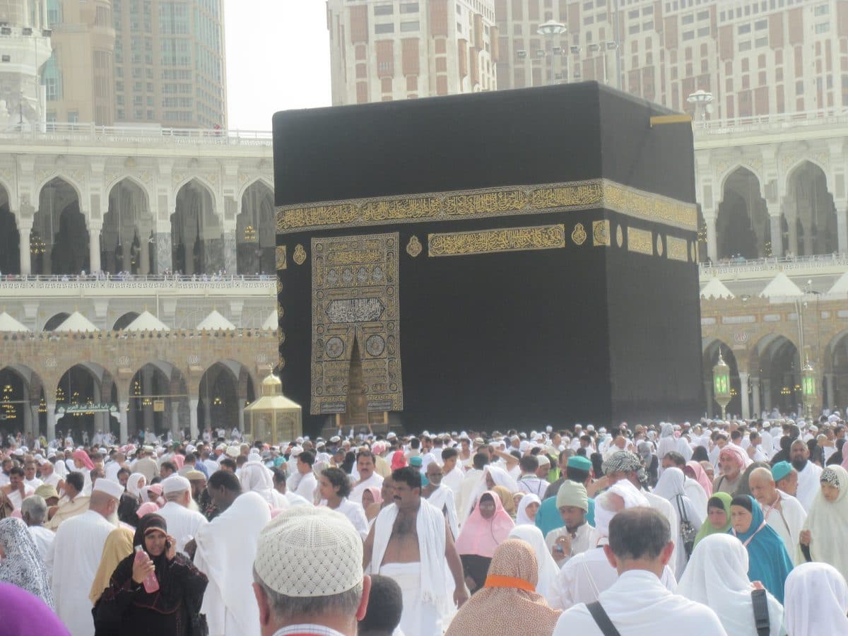 The Kaaba at Masjid al-Haram in Mecca surrounded by worshippers