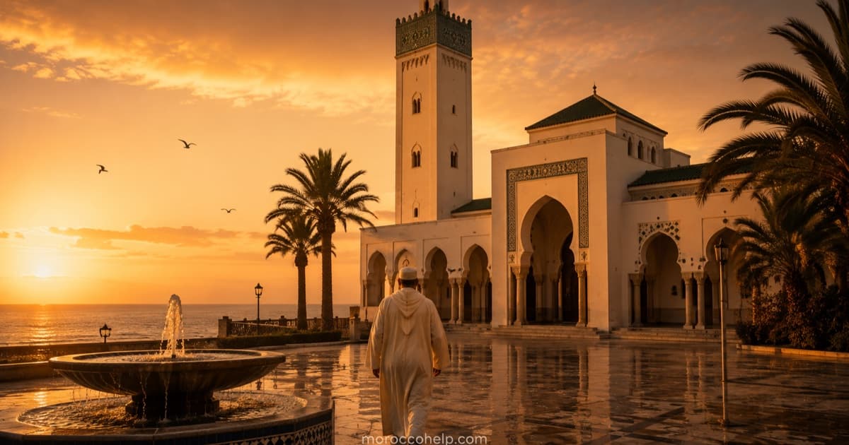 مسجد بالمحمدية عند الغروب مطلاً على المحيط الأطلسي، مواقيت الصلاة حسب وزارة الأوقاف