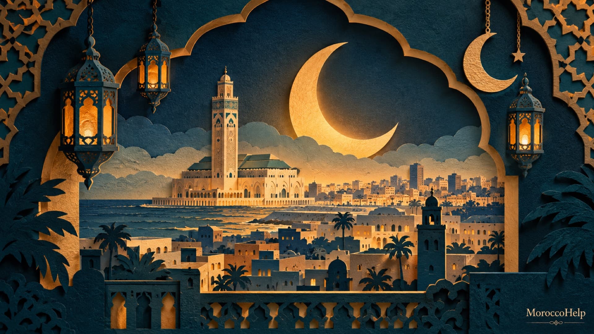 A layered paper-cut Moroccan Ramadan nightscape - mosque arches, lanterns and a glowing crescent - Ramadan 1448/2027