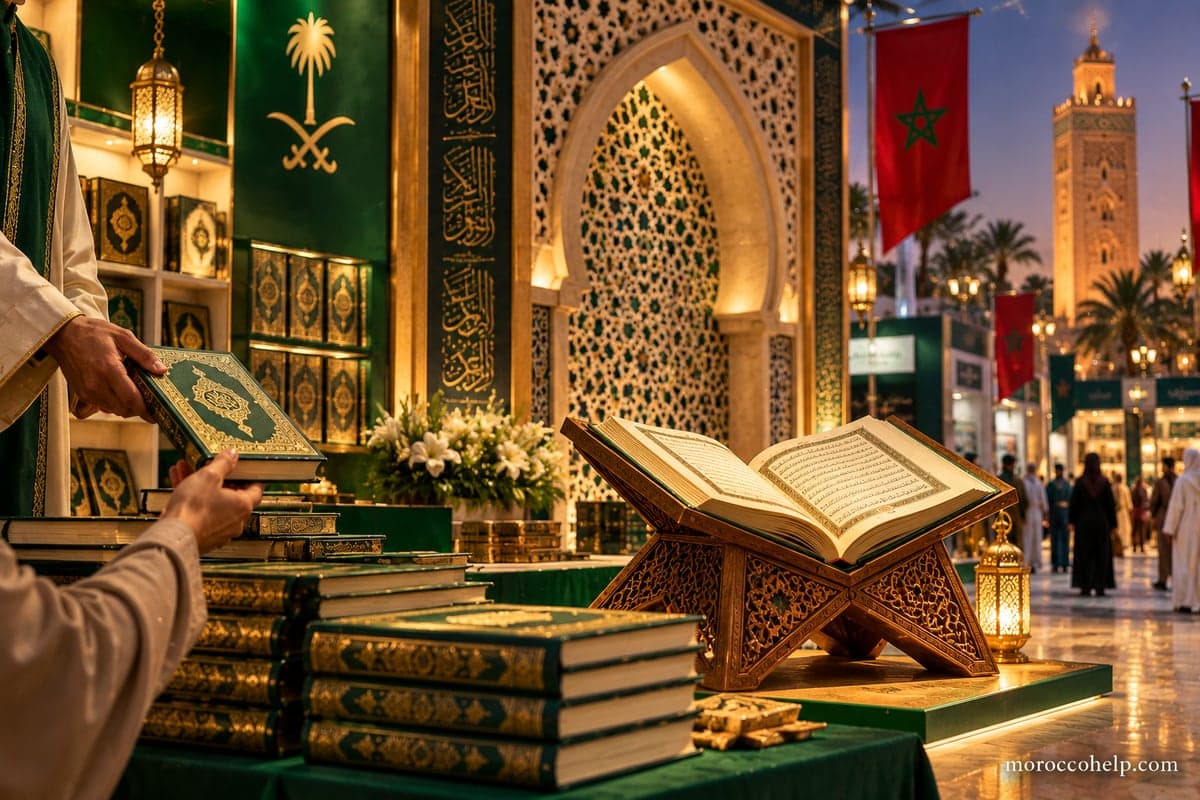 مصحف مفتوح موضوع على حامل خشبي منقور داخل قوس عرض أخضر وذهبي، مع أكوام كتب ورايتين سعودية ومغربية تحت عبارة الرباط عاصمة العالم للكتاب 2026