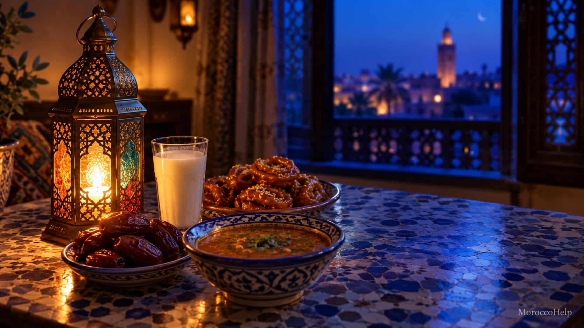 Une table de shour marocaine avec une lanterne du Ramadan allumée au crépuscule