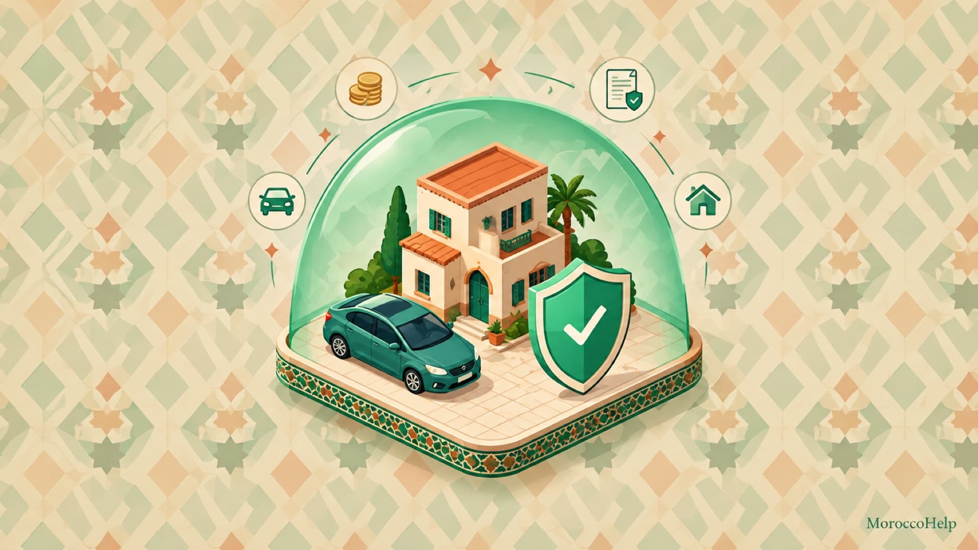 Un bouclier protecteur arquant au-dessus d'une maison et d'une voiture marocaines - la couverture d'assurance