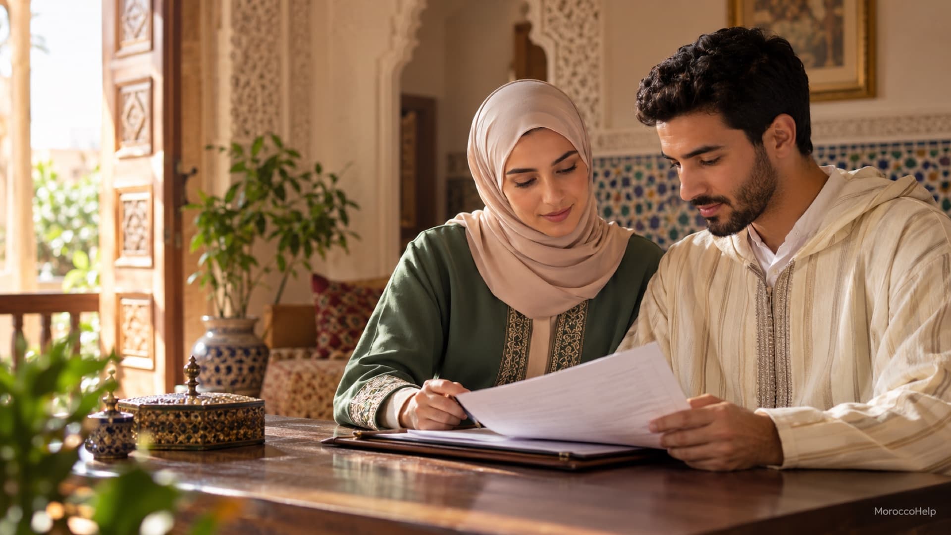 A Moroccan couple reviewing an official document in a traditional salon - the Family Code review