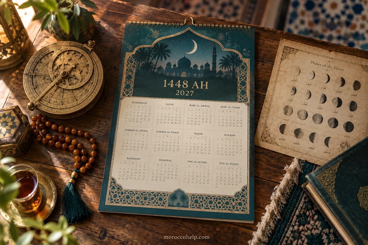 تقويم هجري 1448-1449 / 2027 مع أسطرلاب نحاسي وأطوار القمر ومسبحة على طاولة أرز، بجمالية مغربية