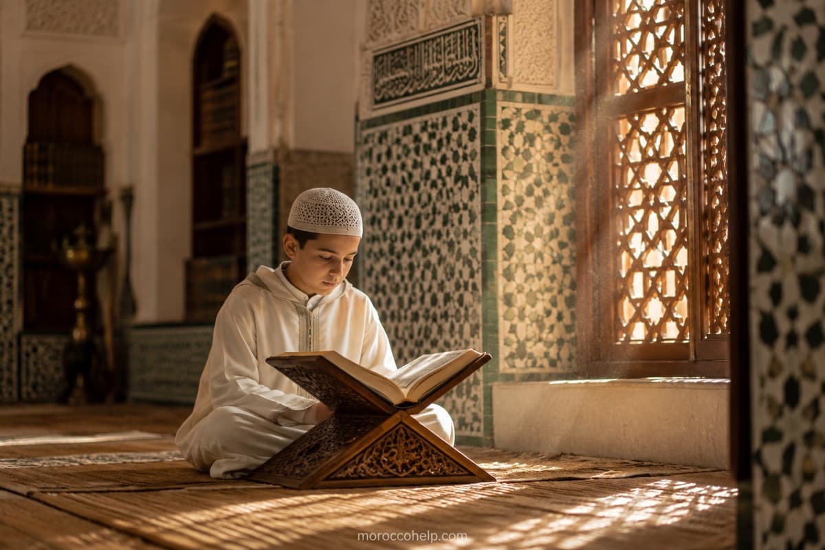 Un jeune hafiz en djellaba blanche récite le Coran sur un rehal en bois dans une médersa marocaine, lumière dorée à travers la moucharabieh