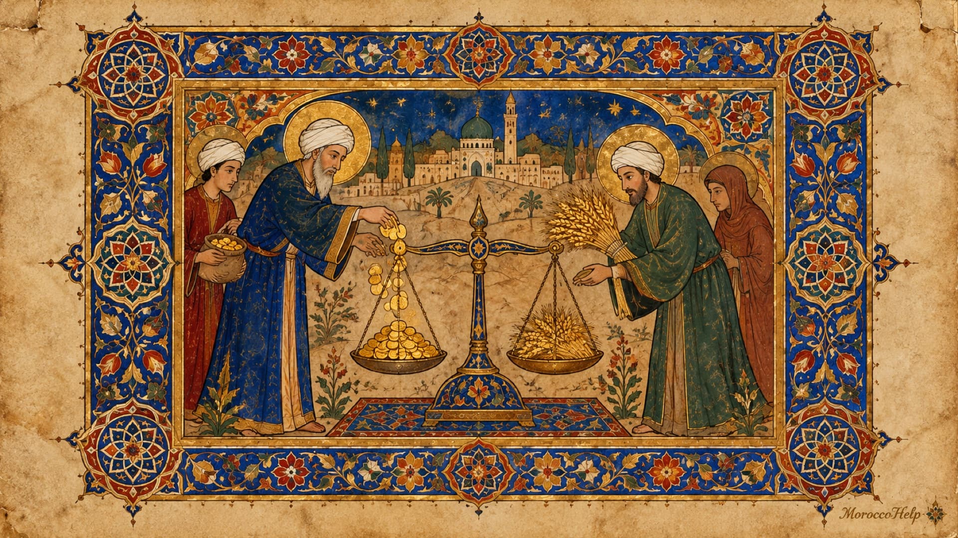 An illuminated manuscript scene of hands giving gold coins and wheat into a balanced scale - implementing Morocco's zakat fatwa